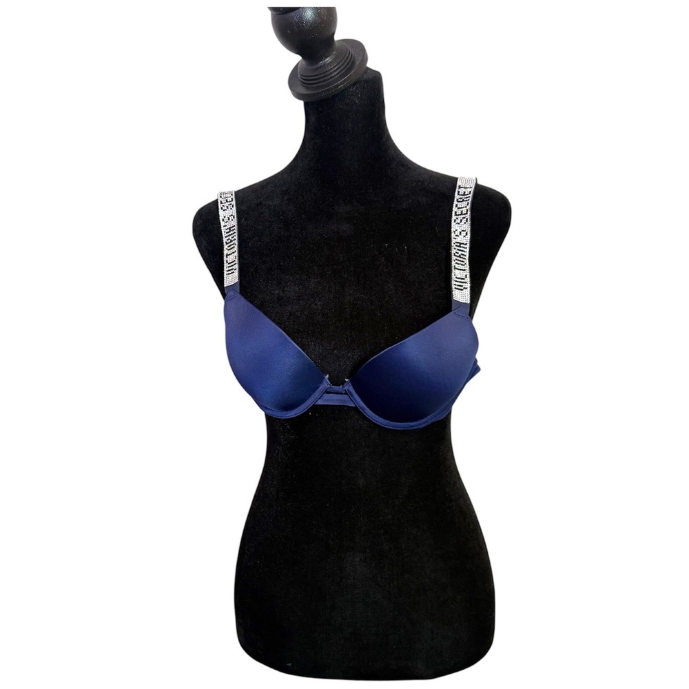 Victoria's Secret Very Sexy Push Up Bra Rhinestone Strap Womens 34A Navy Blue